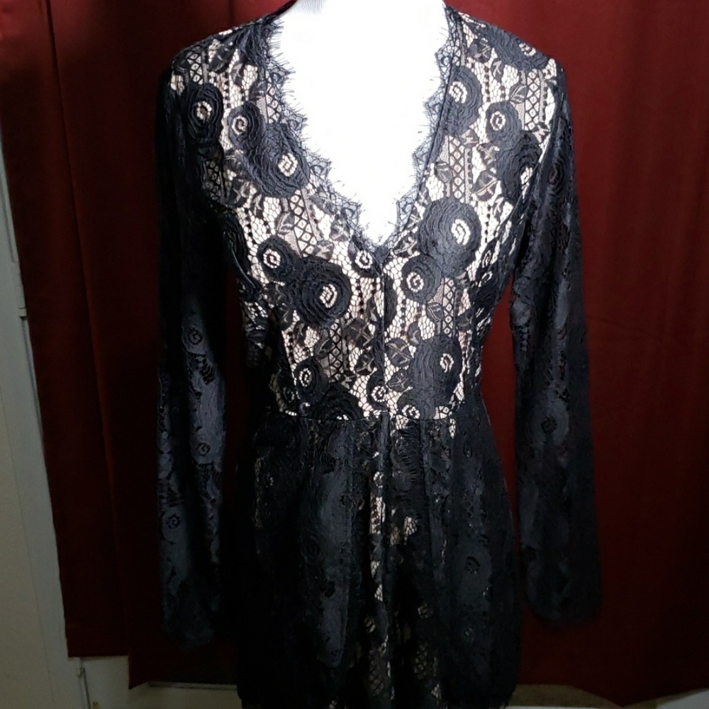 Francesca Black lace short Romper w/  lace sleeves